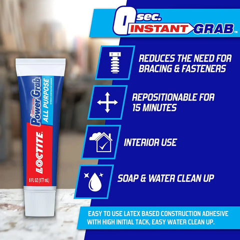 Loctite Power Grab Express All Purpose Construction Adhesive, 3 fl oz Squeeze Tube, 6 Pack - Versatile Construction Glue for Cement, Tile, Wall & More