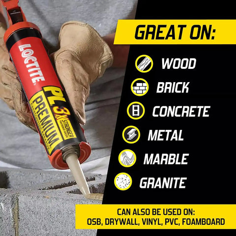 Loctite PL Premium Polyurethane Construction Adhesive, 10 fl oz Cartridge, 12 Pack - Versatile Construction Glue for Wood, Concrete, Stone, Metal & More