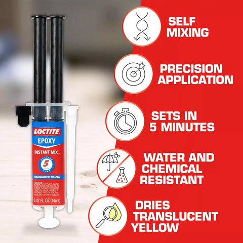 Loctite Epoxy Instant Mix, Translucent Yellow 5 Minutes, 0.47 fl oz Syringe, Pack of 2