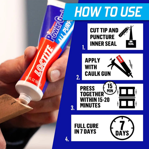 Loctite Power Grab Express All Purpose Construction Adhesive, 3 fl oz Squeeze Tube, 6 Pack - Versatile Construction Glue for Cement, Tile, Wall & More