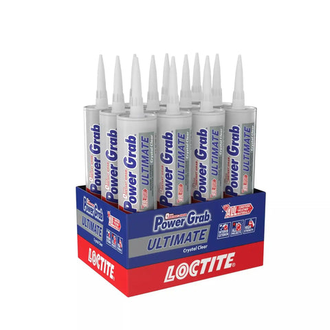 Loctite Power Grab Ultimate Crystal Clear Construction Adhesive, 9 fl oz Cartridge, 12 Pack - Versatile Construction Glue for Glass, Wood, Metal & More