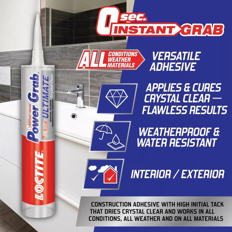 Loctite Power Grab Ultimate Crystal Clear Construction Adhesive, 9 fl oz Cartridge, 12 Pack - Versatile Construction Glue for Glass, Wood, Metal & More