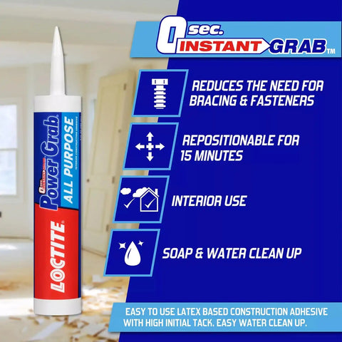 Loctite Power Grab Express All Purpose Construction Adhesive, 9 fl oz Cartridge, 12 Pack - Versatile Construction Glue for Cement, Tile, Wall & More