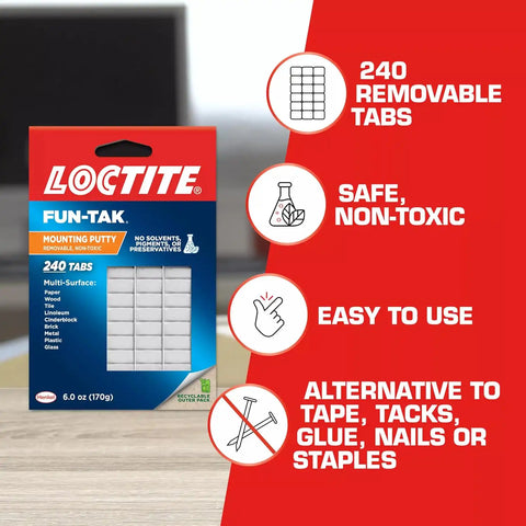 Loctite Eco Fun-Tak Mounting Putty, White, 6 oz Wallet Pack of 1 - Nontoxic, Reusable, Repositionable Adhesive for Posters & Décor, 240 Tabs, Multi-Surface