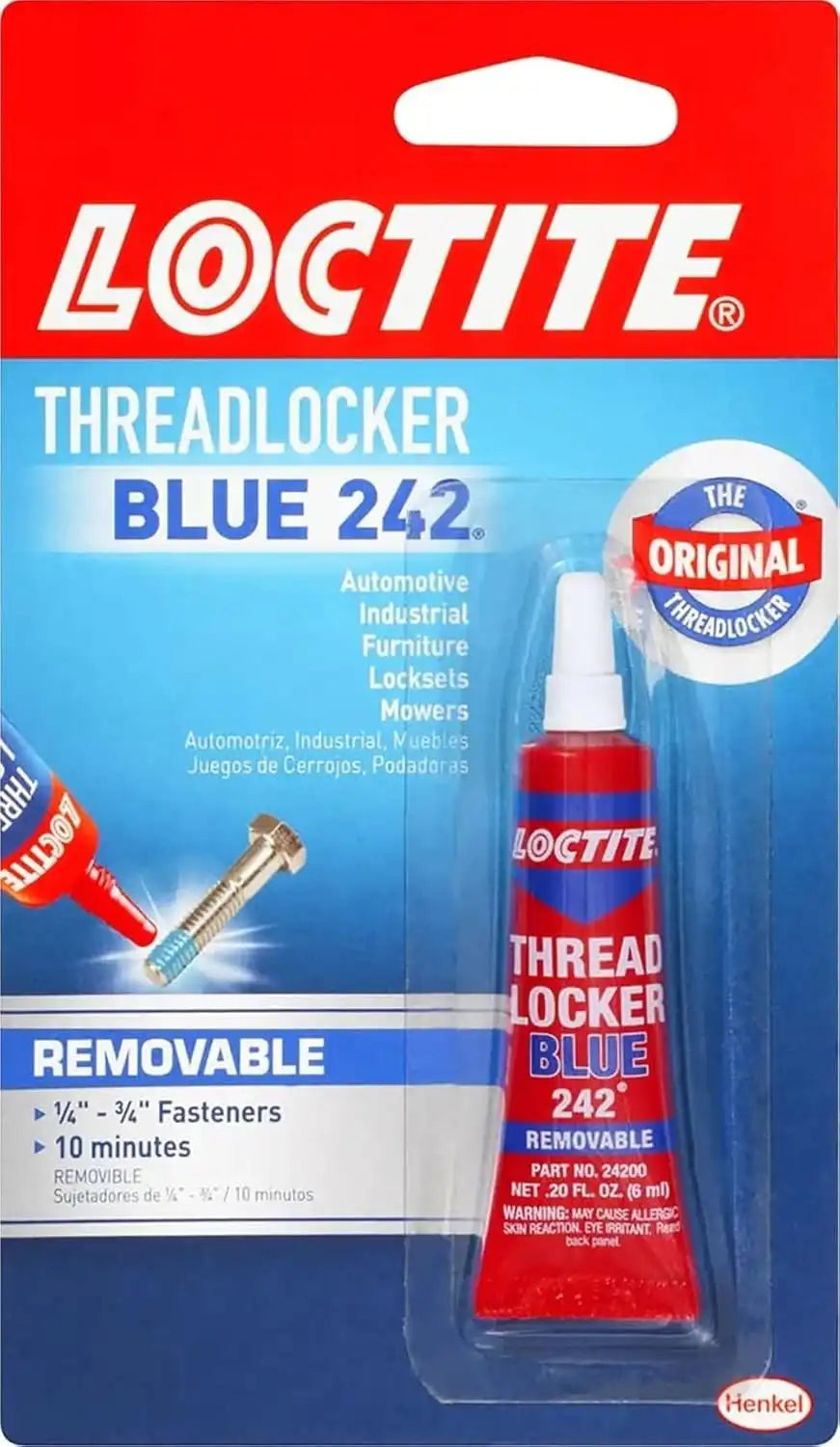 Loctite Threadlocker Blue 242 - Removable Thread Lock Glue for Nuts, Bolts, & Fasteners, Medium Strength Screw Glue to Prevent Loosening & Corrosion - 6 ml, 1 Pack