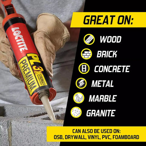 Loctite PL Premium Polyurethane Construction Adhesive, 10 fl oz Cartridge, 6 Pack - Versatile Construction Glue for Wood, Concrete, Stone, Metal & More