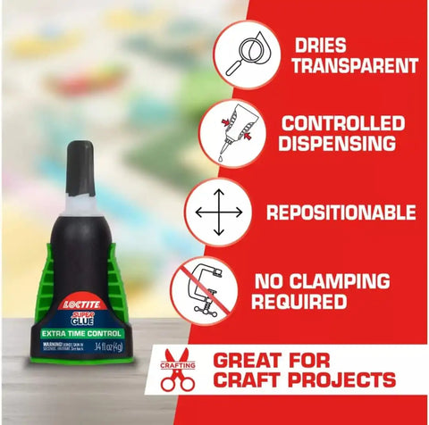 Loctite 1503241 Super Glue Extra Time Control, Clear, 0.14 fl oz Bottle, 1 Pack - Superglue for Plastic, Wood, Metal, Crafts & Repair, Cyanoacrylate Adhesive Instant Glue