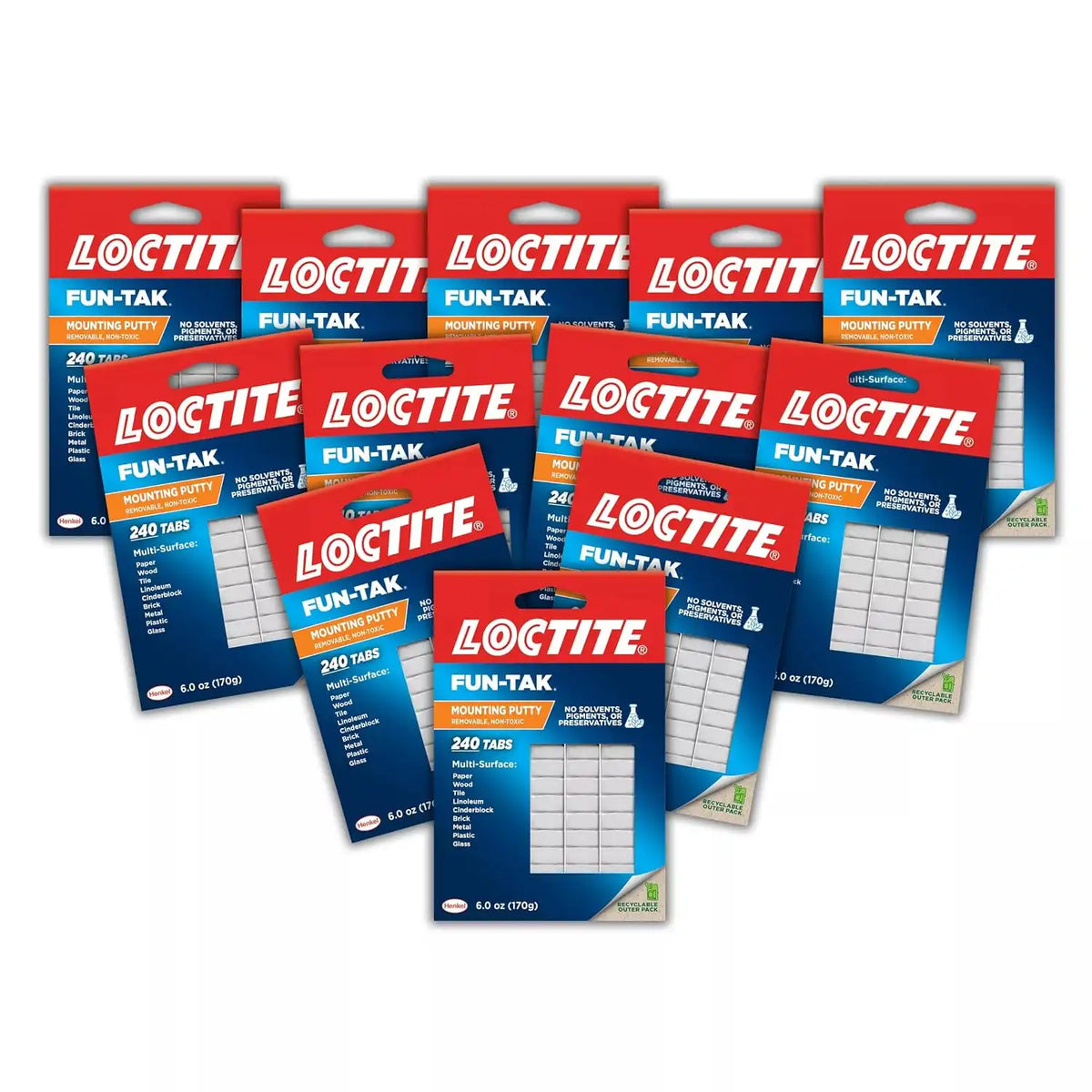 Loctite Eco Fun-Tak Mounting Putty, White, 6 oz Wallet Pack of 12 - Nontoxic, Reusable, Repositionable Adhesive for Posters & Décor, 240 Tabs, Multi-Surface